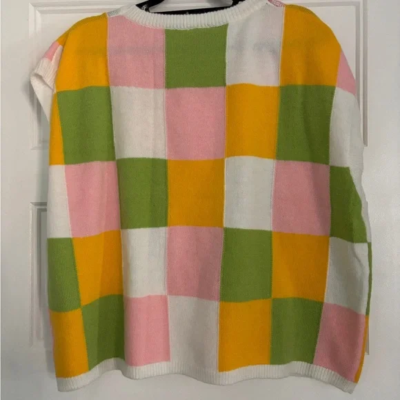 BiBi Checkerboard Crewneck Sweater in White, Pink, Yellow, Green - Picture 4 of 5